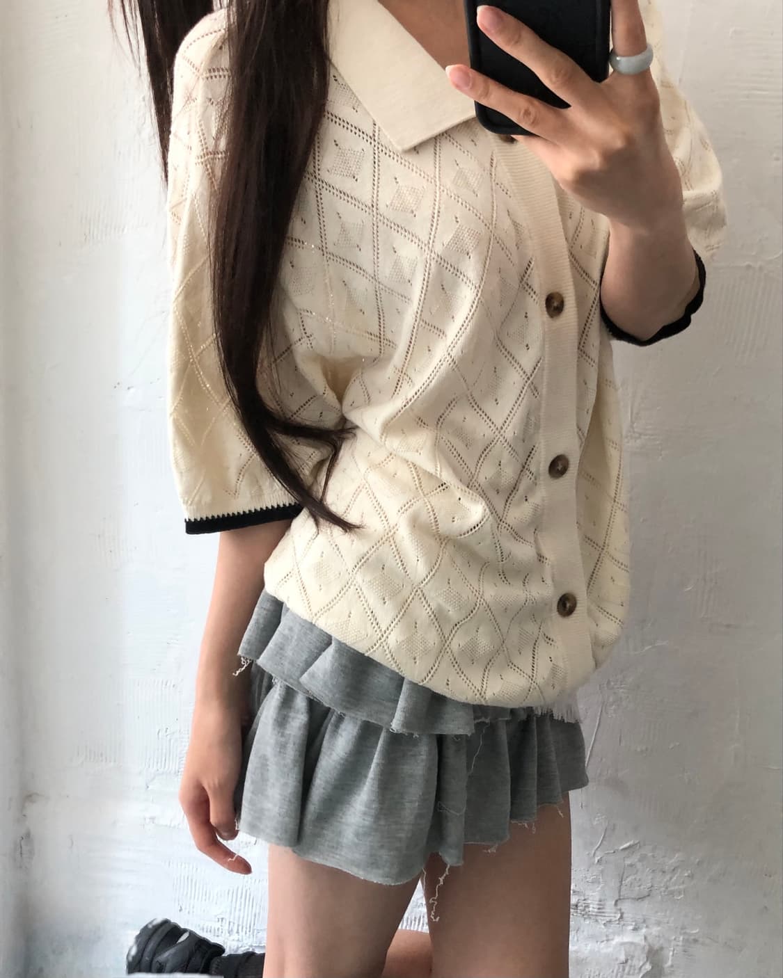 Satur 세터 아이보리 펀칭 반팔 가디건 상품이미지7