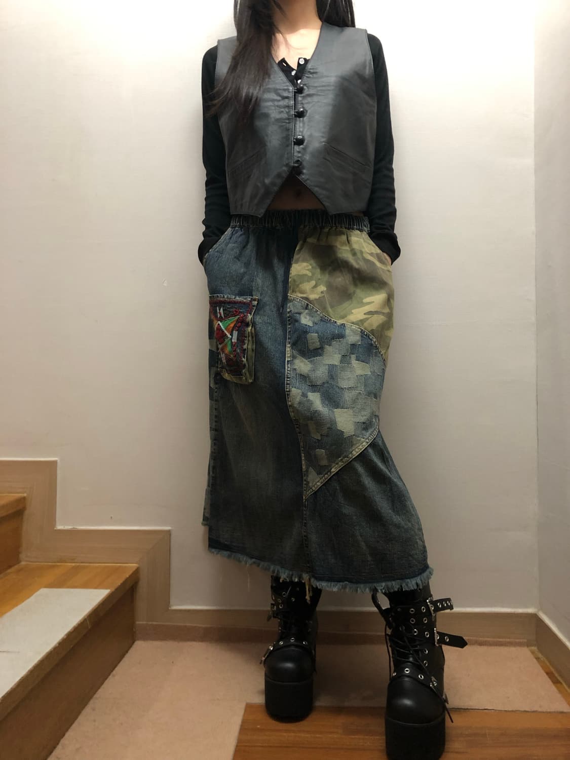 빈티지 데님 카모 패치워크 롱 스커트 상품이미지5