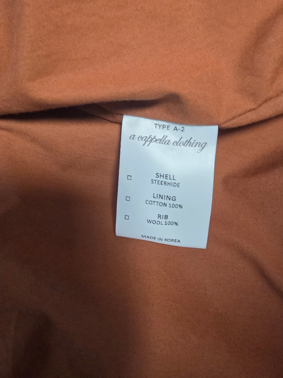 아카펠라 클로딩  A-2 Flight Jacket 소가죽 44사이즈 판매 상품이미지6