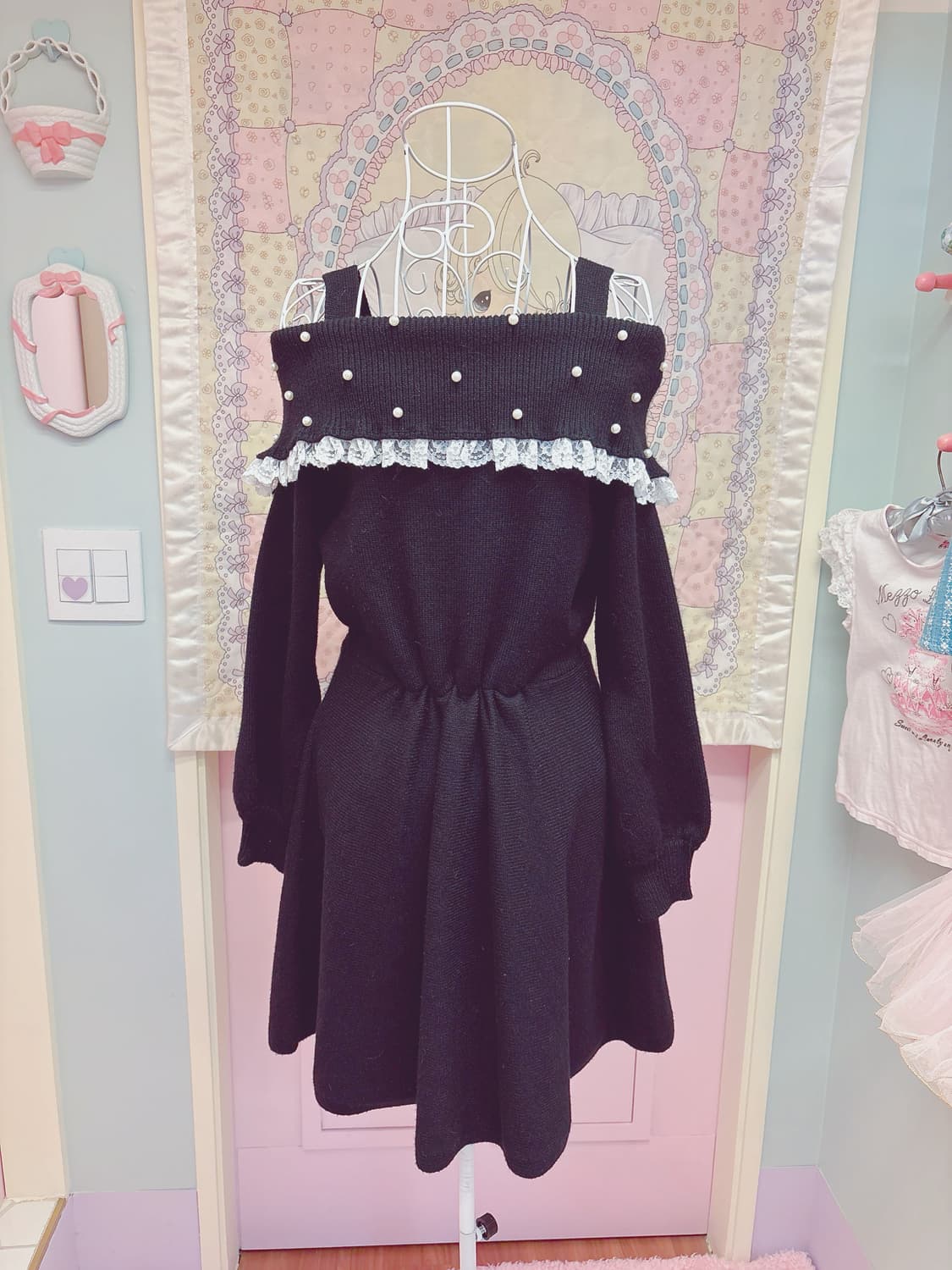 AnkRouge 블랙 오프숄더 니트 리본 원피스 상품이미지5