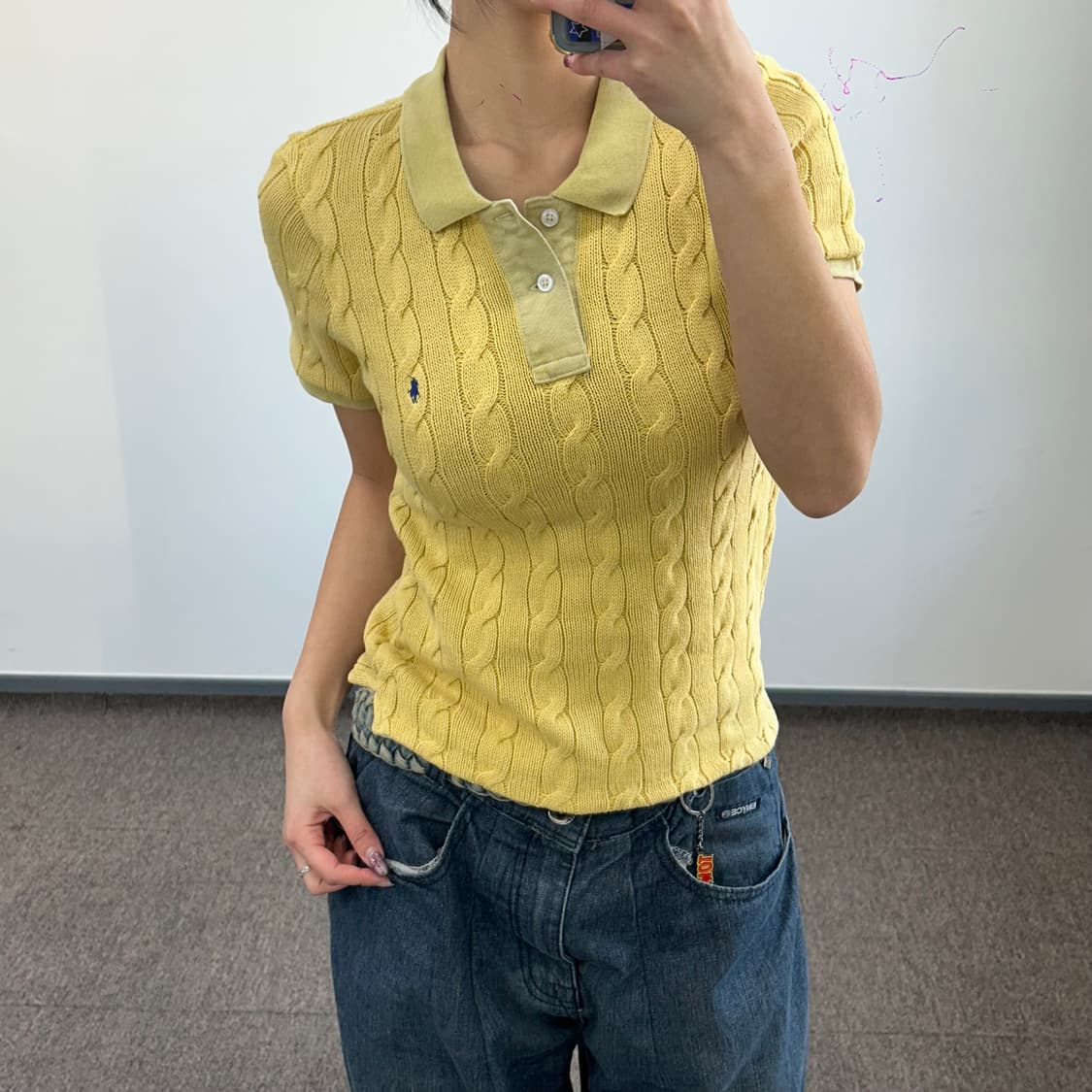 Polo 폴로 네이비 포니 옐로우 케이블 반팔 니트 상품이미지1