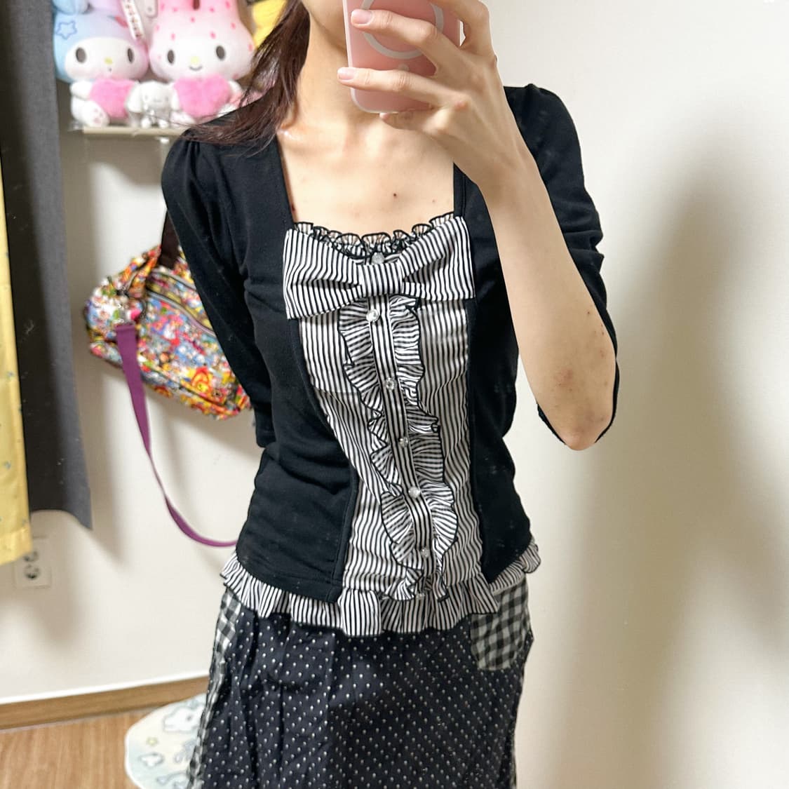 빈티지 리본 레이어드 티셔츠 히메갸루 로걀 라떼 모리걸 헤이세이 발레코어 상품이미지1