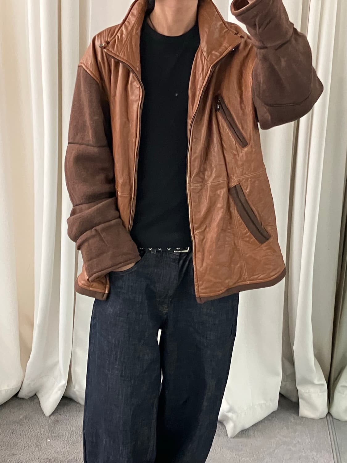 발망 브라운 양가죽 울 배색 하이넥 자켓 XL 상품이미지8