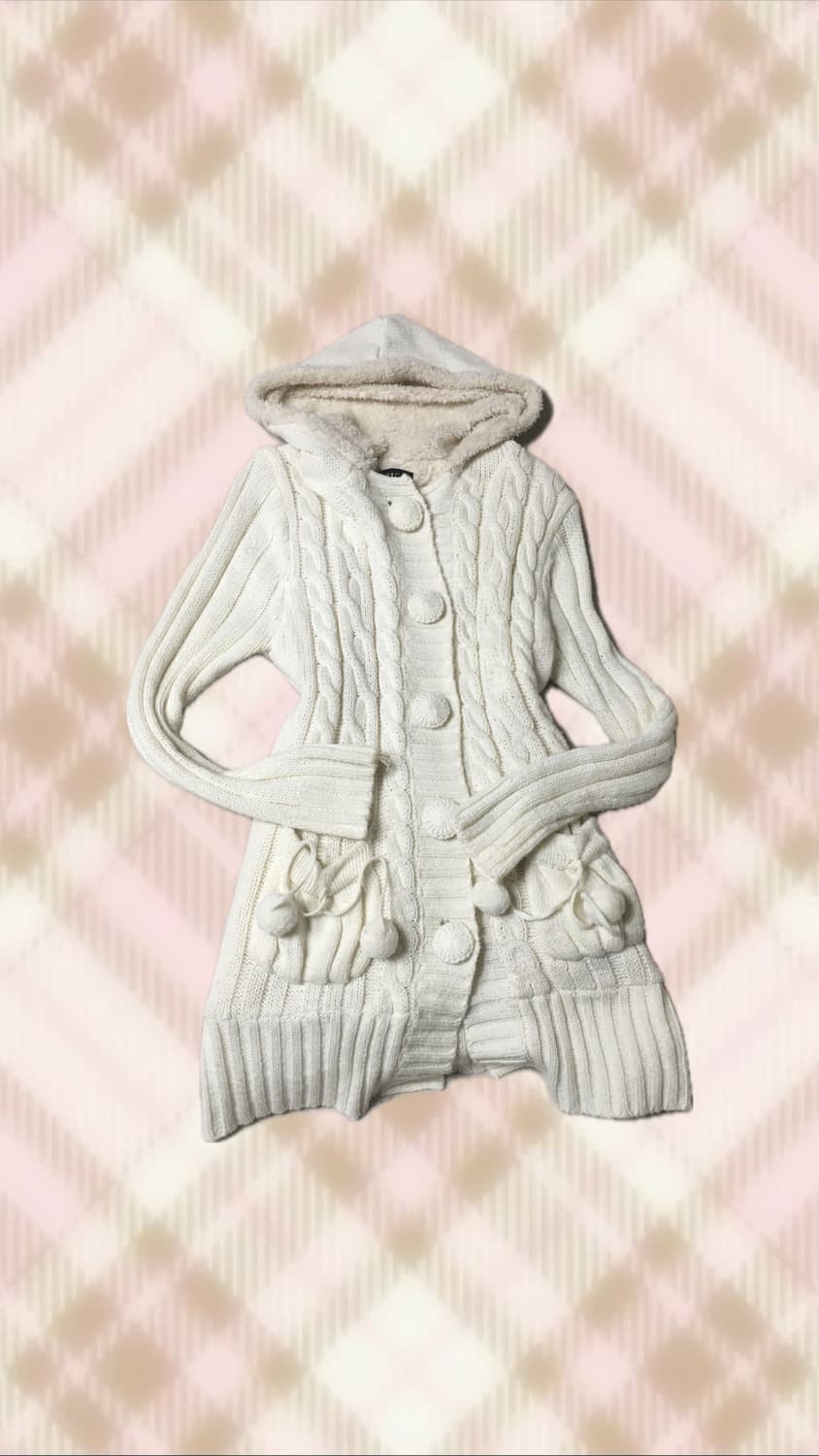 아이보리 폼폼이 후드 니트 가디건 원피스 라떼 히메 갸루 달천 러블리 상품이미지1