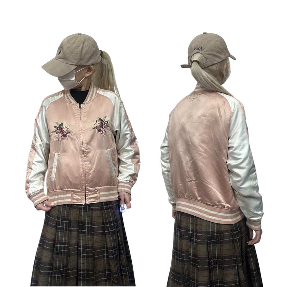 일본 빈티지 핑크 리버시블 꽃 자수 스카잔 자켓 상품이미지1