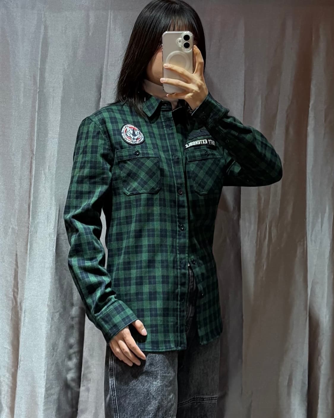 L 에비수 우먼스 타이거 패치 그린 체크셔츠 상품이미지1