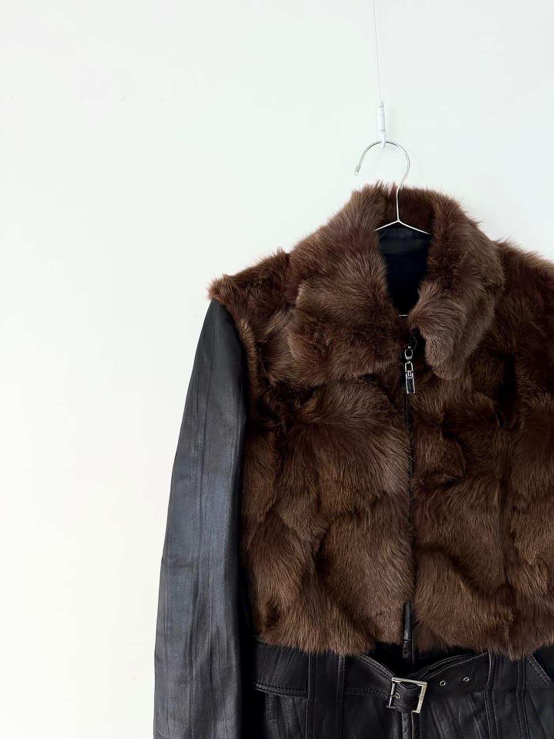 Hem buckle fur leather jacket / brown 상품이미지3