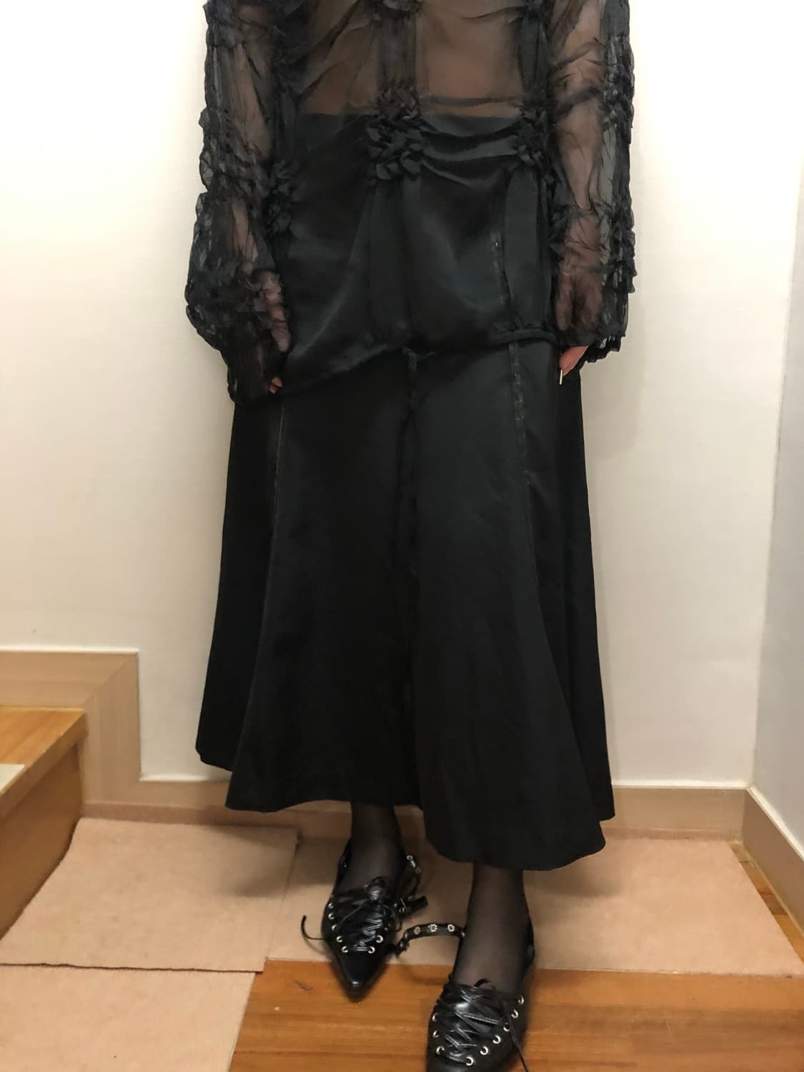 빈티지 블랙 펑크 레더 롱 스커트 상품이미지4