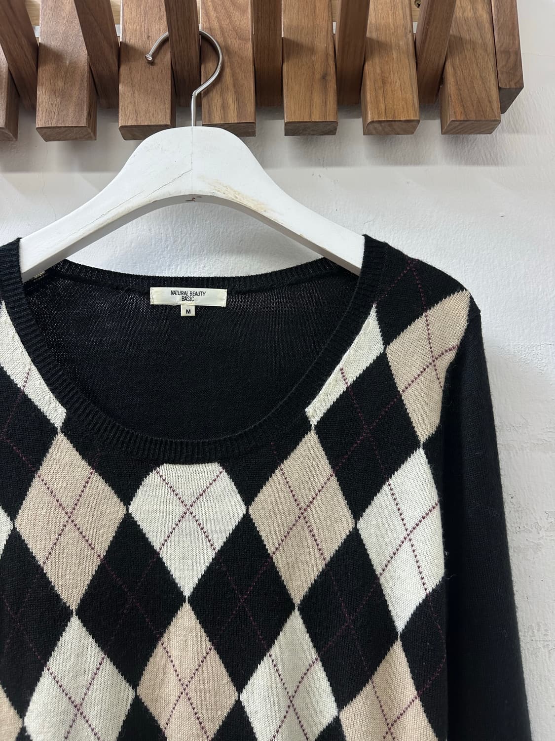 일본빈티지 라운드넥 울 혼방 블랙 아가일 니트  상품이미지2