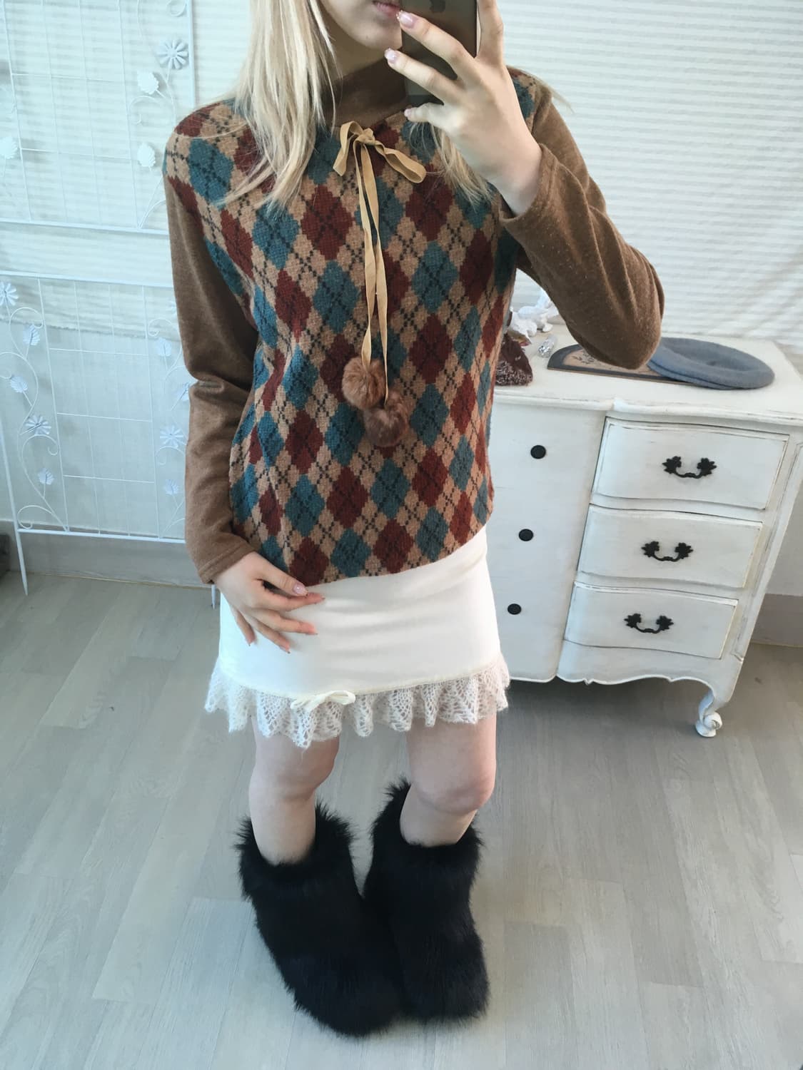 jpn vintage 아가일 폼폼 하프 폴라 니트 상품이미지1