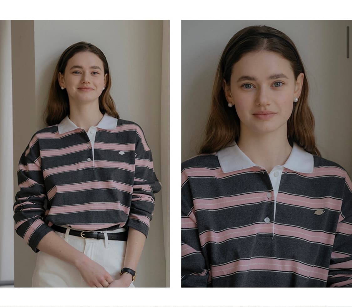 틸아이다이 스트라이프 챠콜 핑크 카라 럭비티 롱 슬리브 긴팔 티셔츠 M 상품이미지4