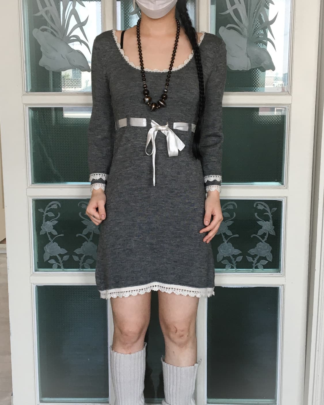 Lace trimming belted woolen knit one pie 상품이미지6