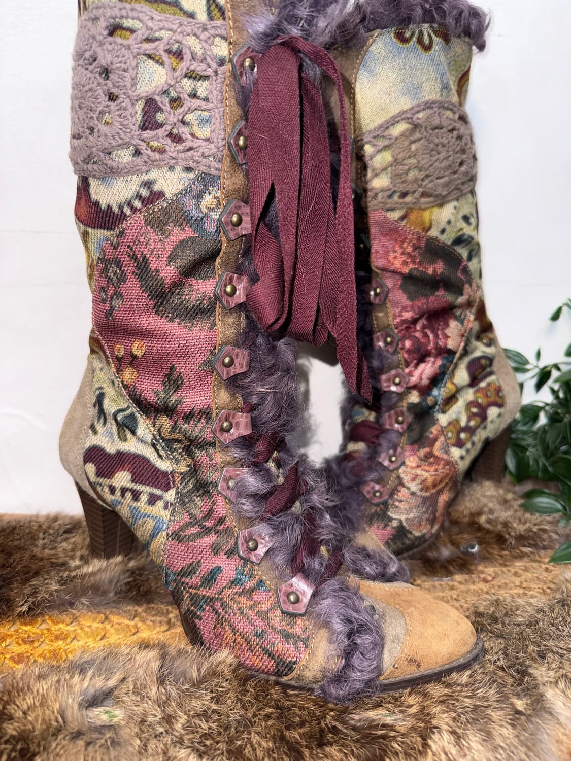 BNX jacquard fur trimming laceup boots 상품이미지3