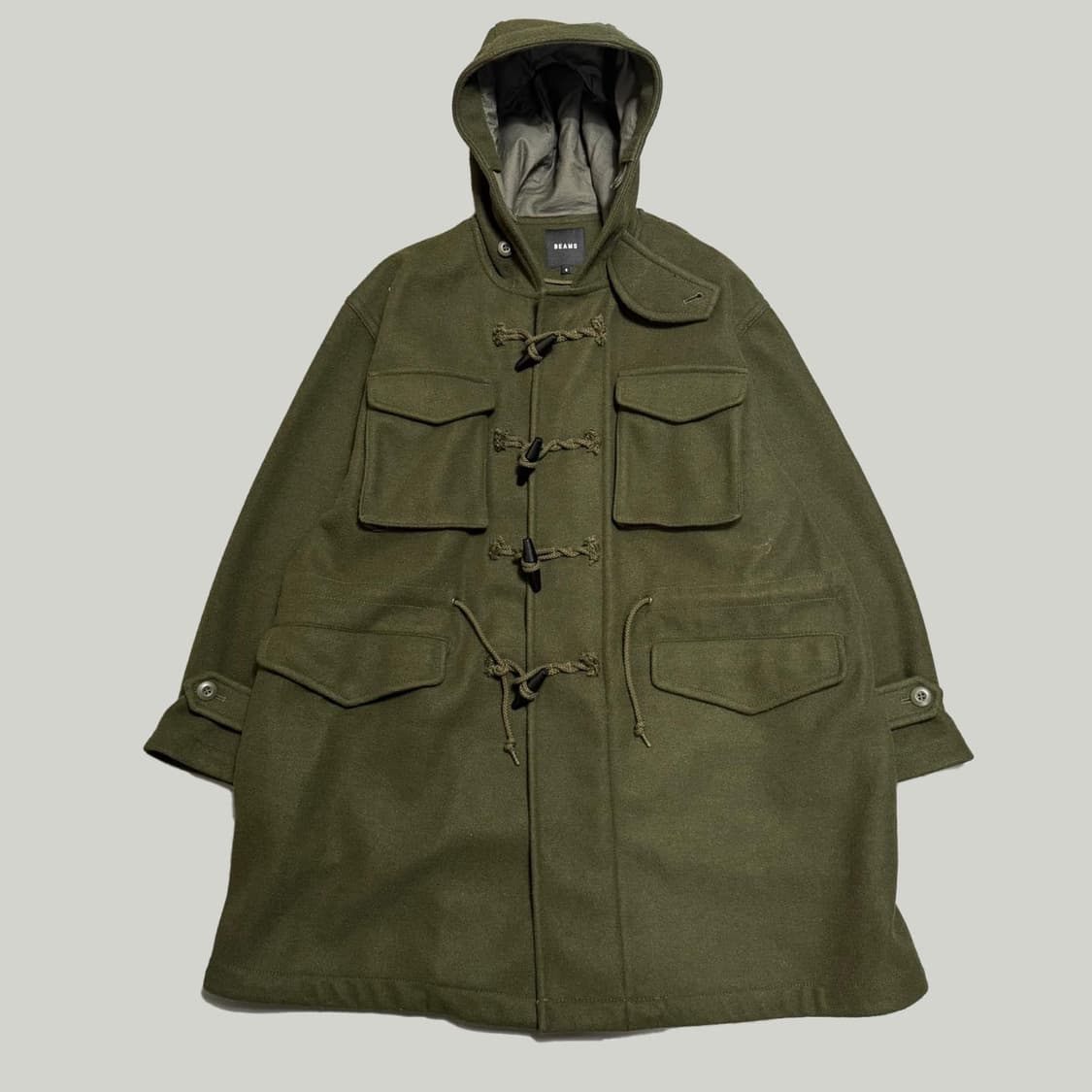 빔즈(BEAMS) 다크그린컬러 폴리 레이온 혼방 빅실루엣 후드 더플 코트 상품이미지7