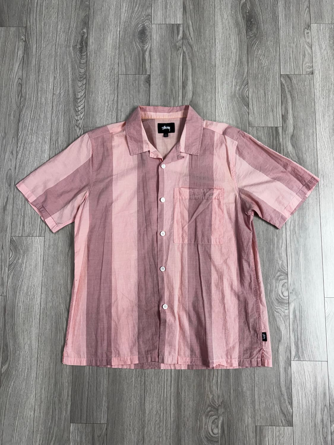 스투시 스트라이프 반팔 셔츠 핑크 상품이미지1