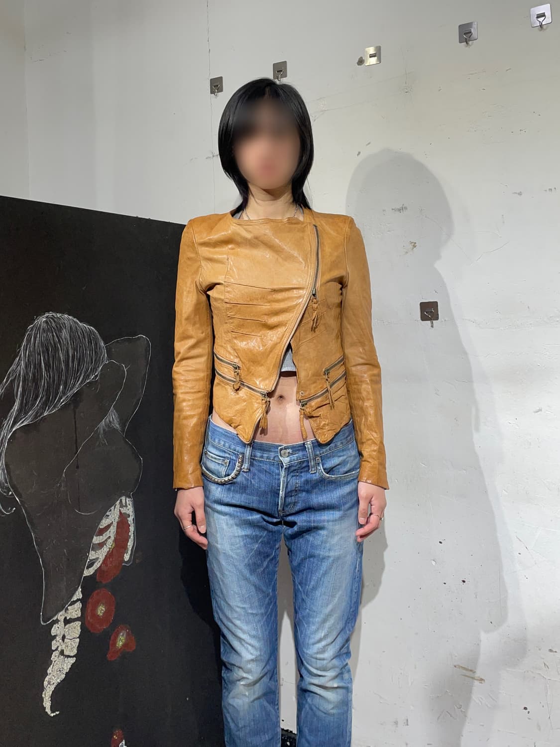 일본빈티지 양가죽 지퍼 디테일 펑크 크롭 레더 자켓  M 상품이미지2