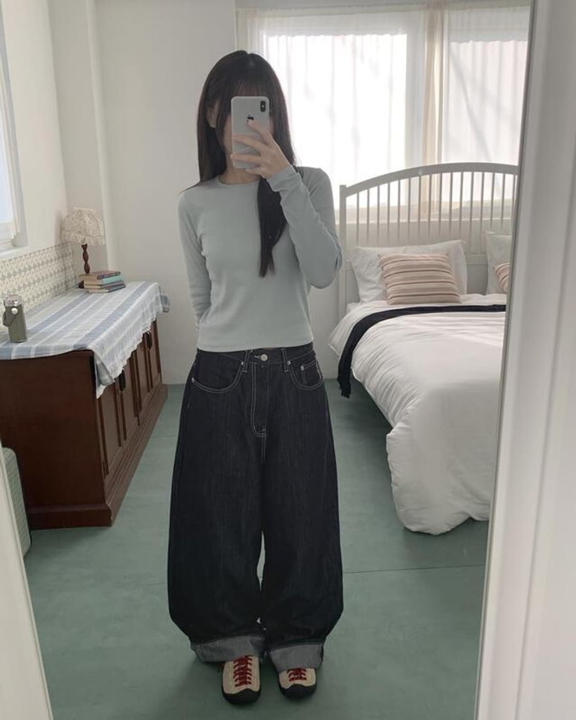 OOTJ 파피 스티치 논 페이드 걸스 패턴 오버핏 데님팬츠 M 상품이미지2