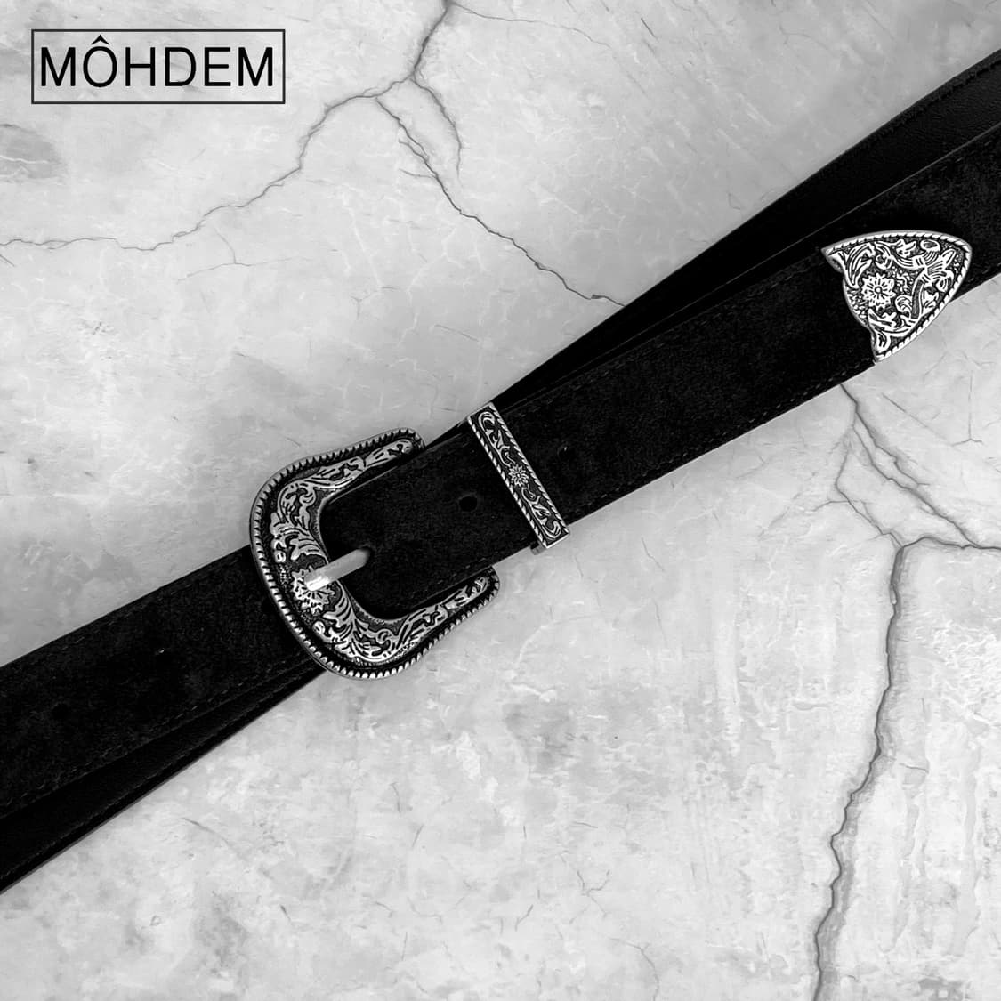 [Unisex] 클래식 웨스턴 스웨이드 가죽 벨트 블랙 상품이미지3