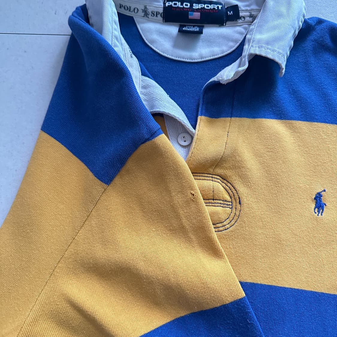 90s 빈티지 폴로 스포츠 백넘버 럭비티 M(100) 노랑파랑 상품이미지6