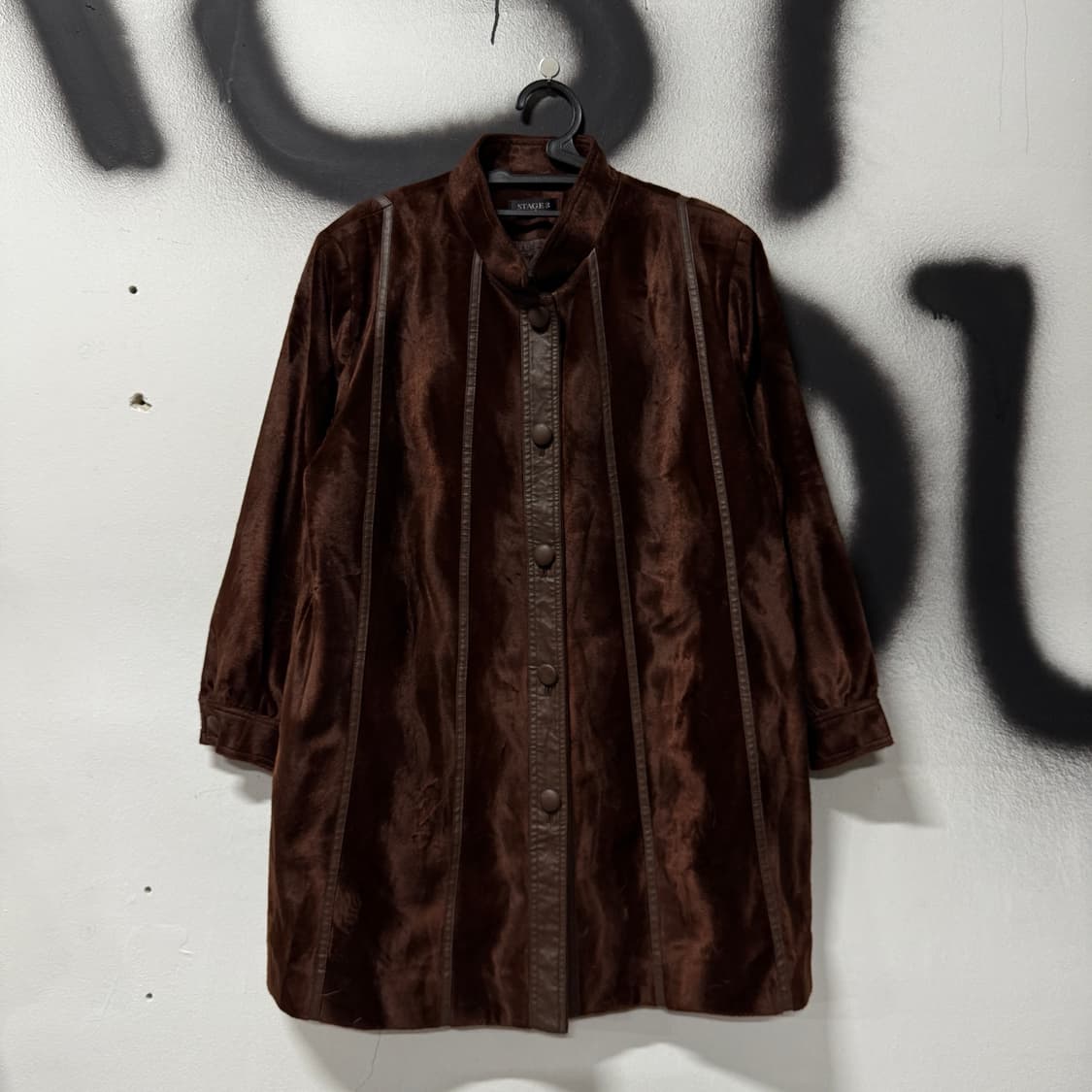 VTG 빈티지 가죽 배색 다크 브라운 벨벳 롱 코트 상품이미지1