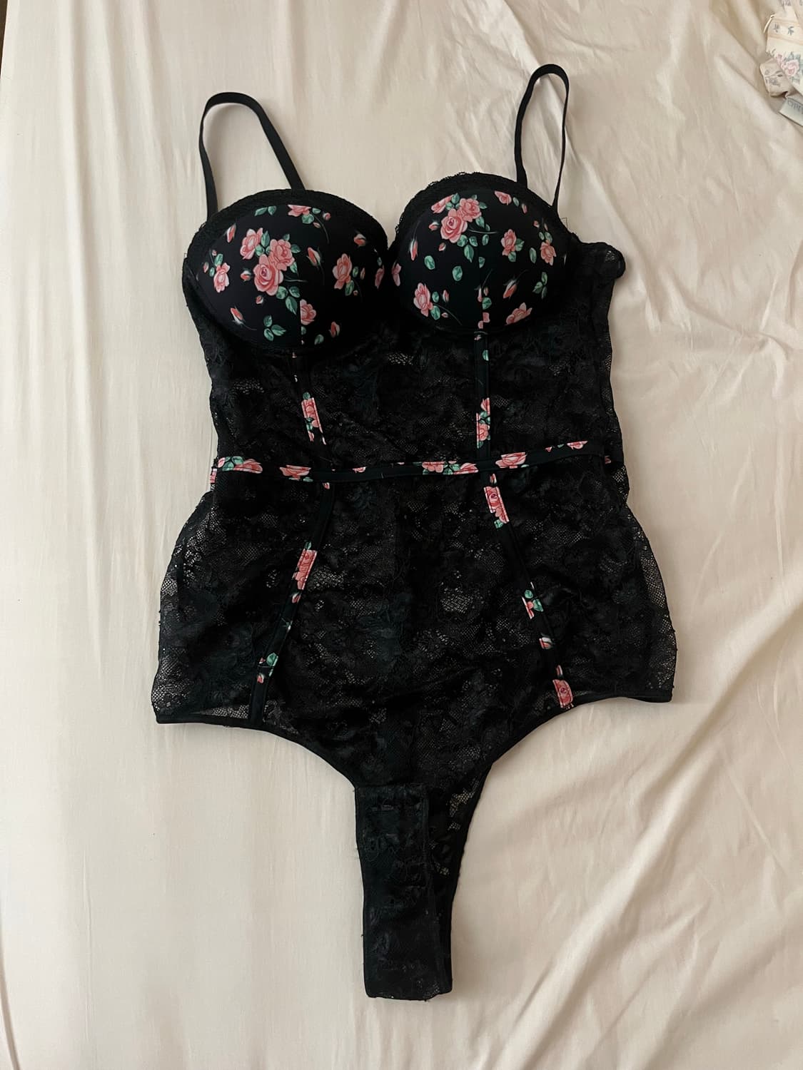 블랙 플로럴 망사 레이스 바디수트 가터 코르셋 슬립 상품이미지3