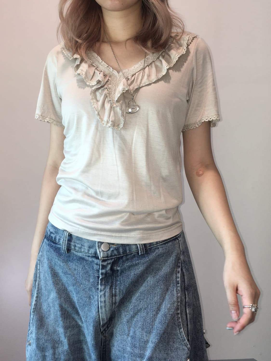 jpn vintage beige ruffle crochet half t  상품이미지2