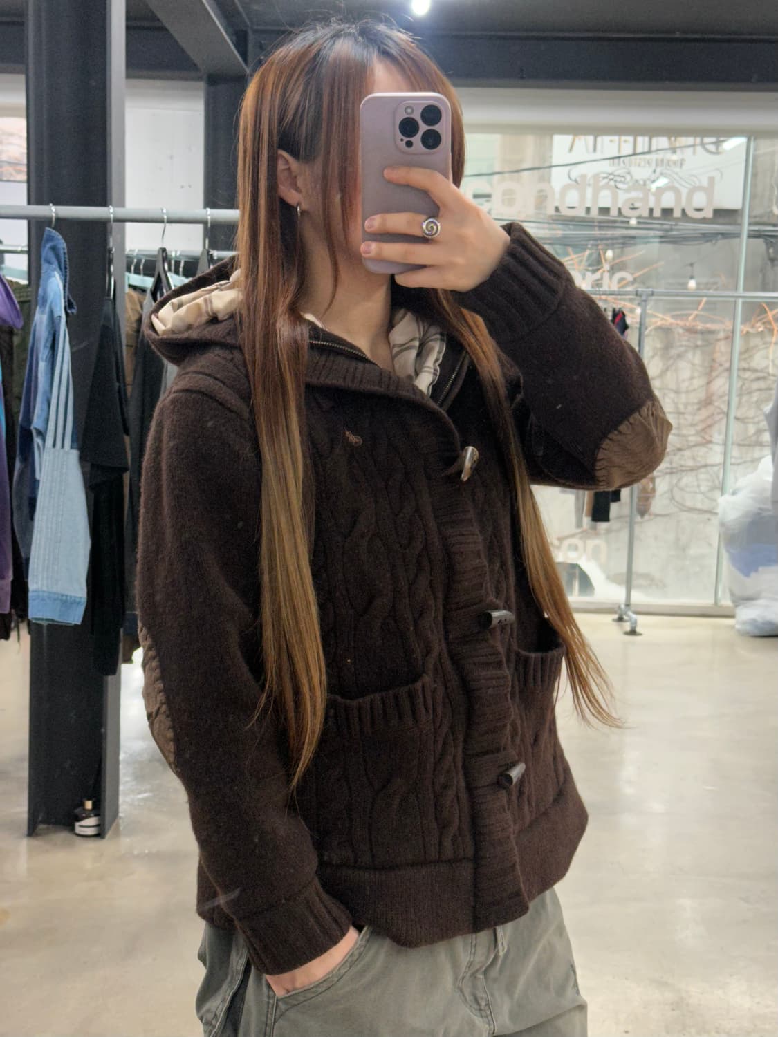 빈폴 초코체크 암패치 꽈배기 더플니트자켓  상품이미지3