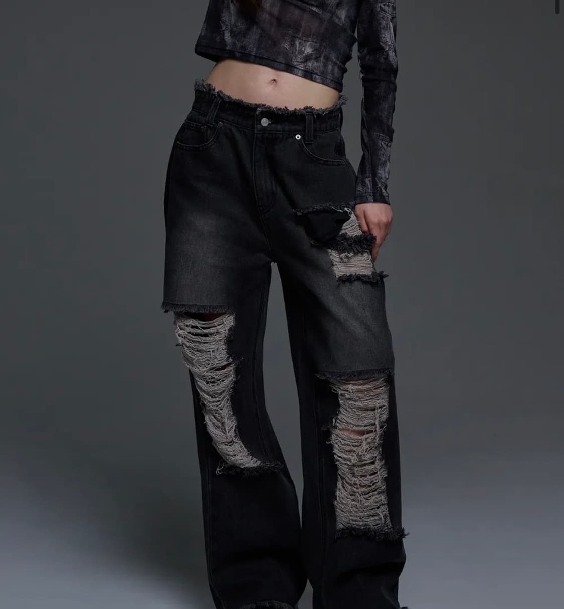 네스티팬시클럽 디스트로이드 와이드 데님 팬츠 블랙 상품이미지1