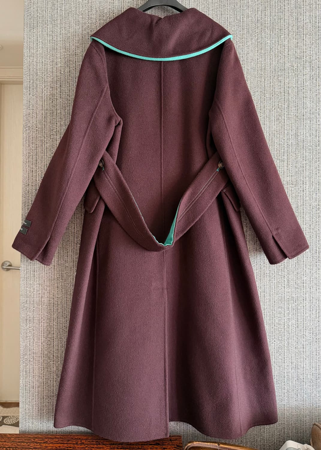 블루페페 핸드메이드 울 캐시미어 롱코트 버건디 민트 클래식 카라 A라인 상품이미지5