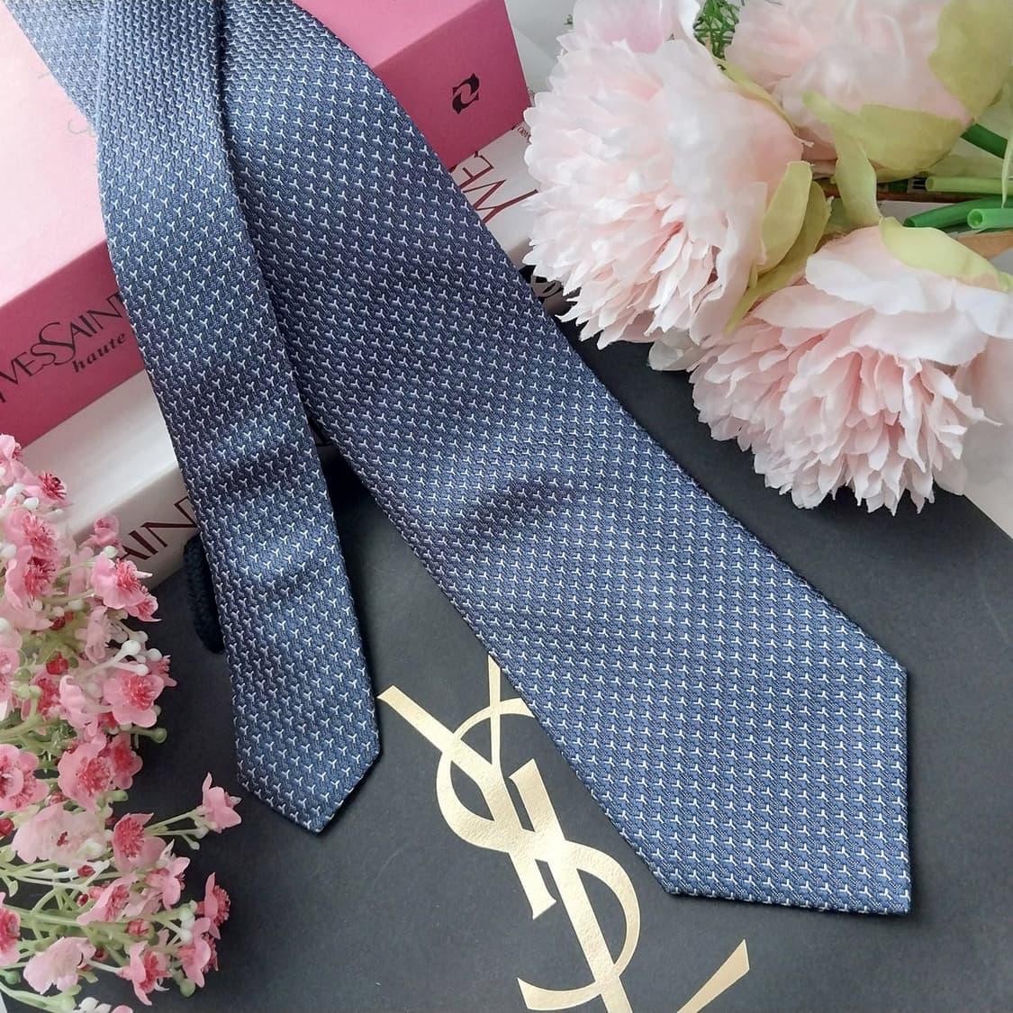 입생로랑 실크 블루 자카드 로고 넥타이 8.3cm S~A+등급 K1466 상품이미지2