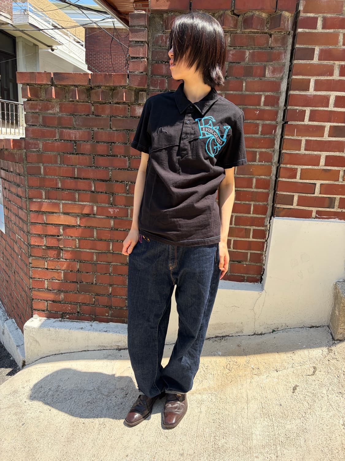 Evisu 블랙&블루 배색 반팔 카라 티셔츠 M 상품이미지5