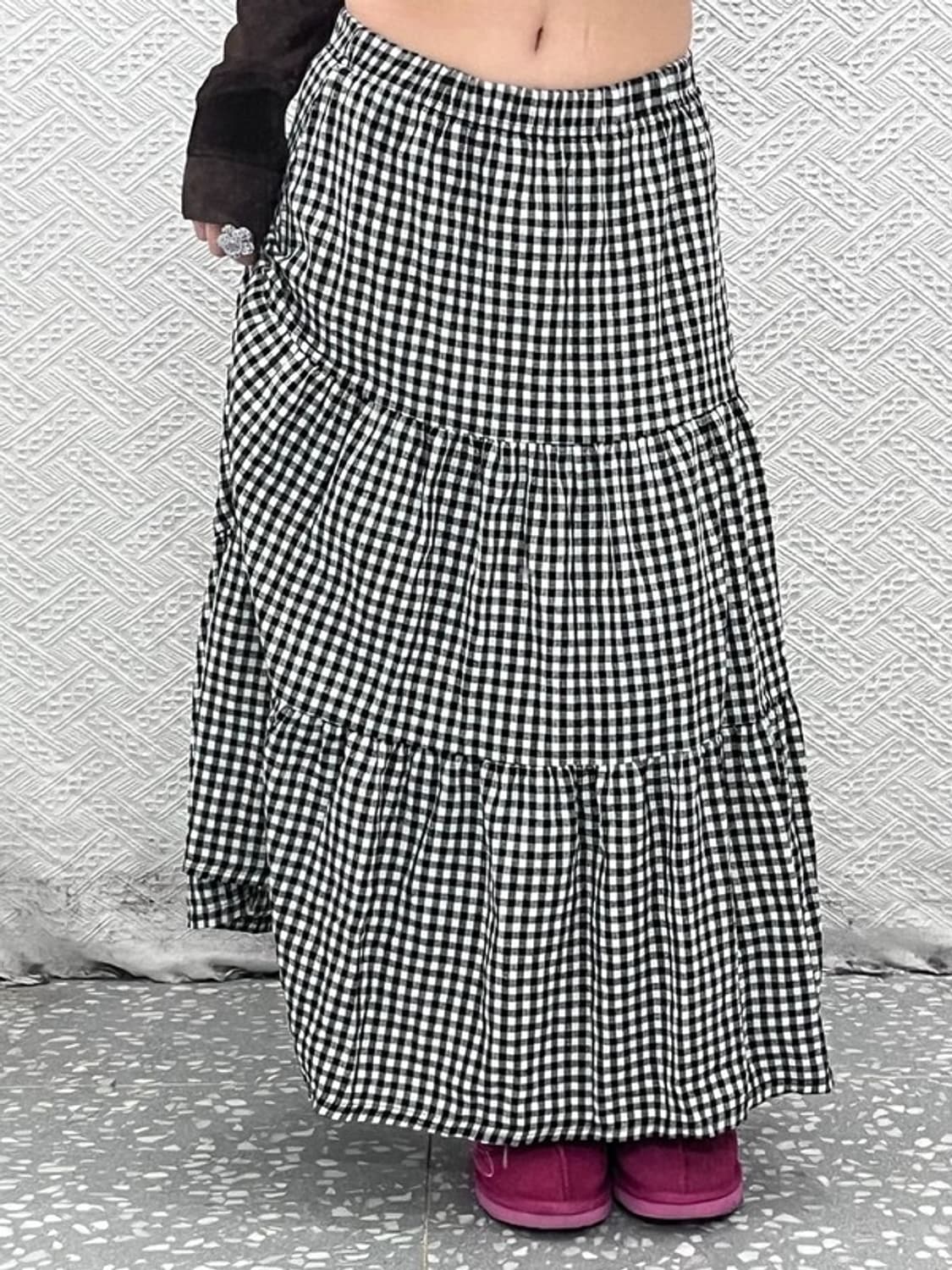 빈티지 스트릿 러블리힙 개더 플레어 체크 롱스커트 24인치 C07949 상품이미지1