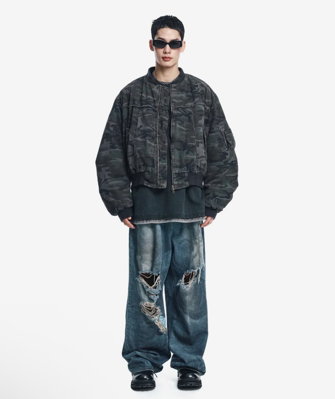이지노이지 워시드 카모 크롭 봄버 자켓 - 다크그레이 2 상품이미지2
