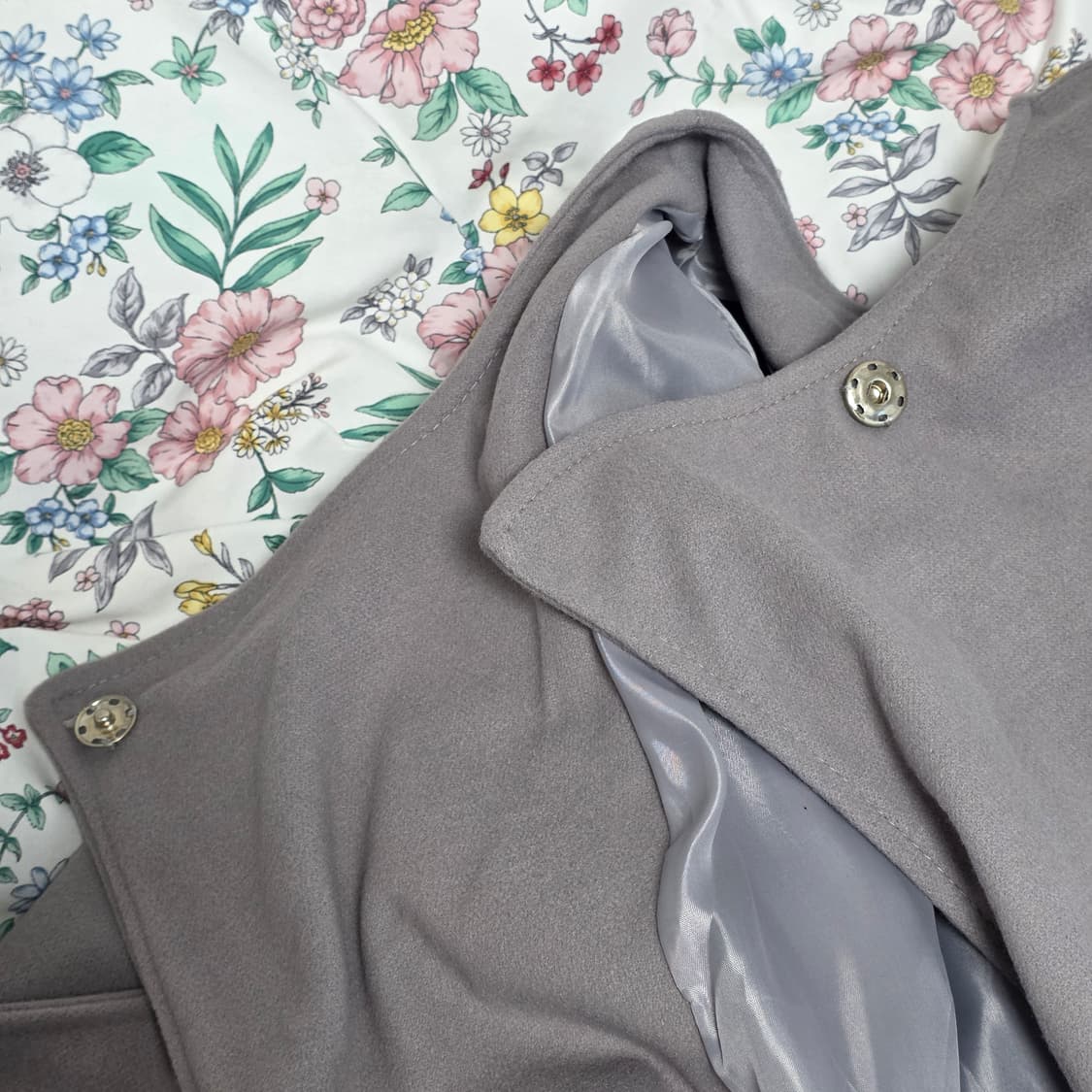 빈티지)허리끈포함 그레이 똑딱이 로맨틱 스나계st 모직 로브 미디 코트 상품이미지4