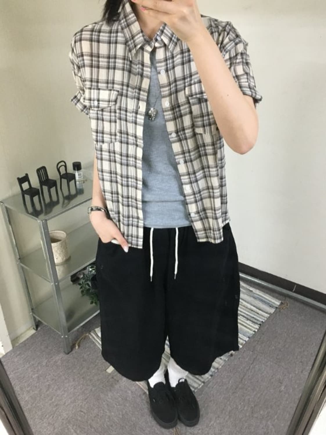 양포켓 크롭 체크 반팔셔츠(Unisex) 상품이미지2