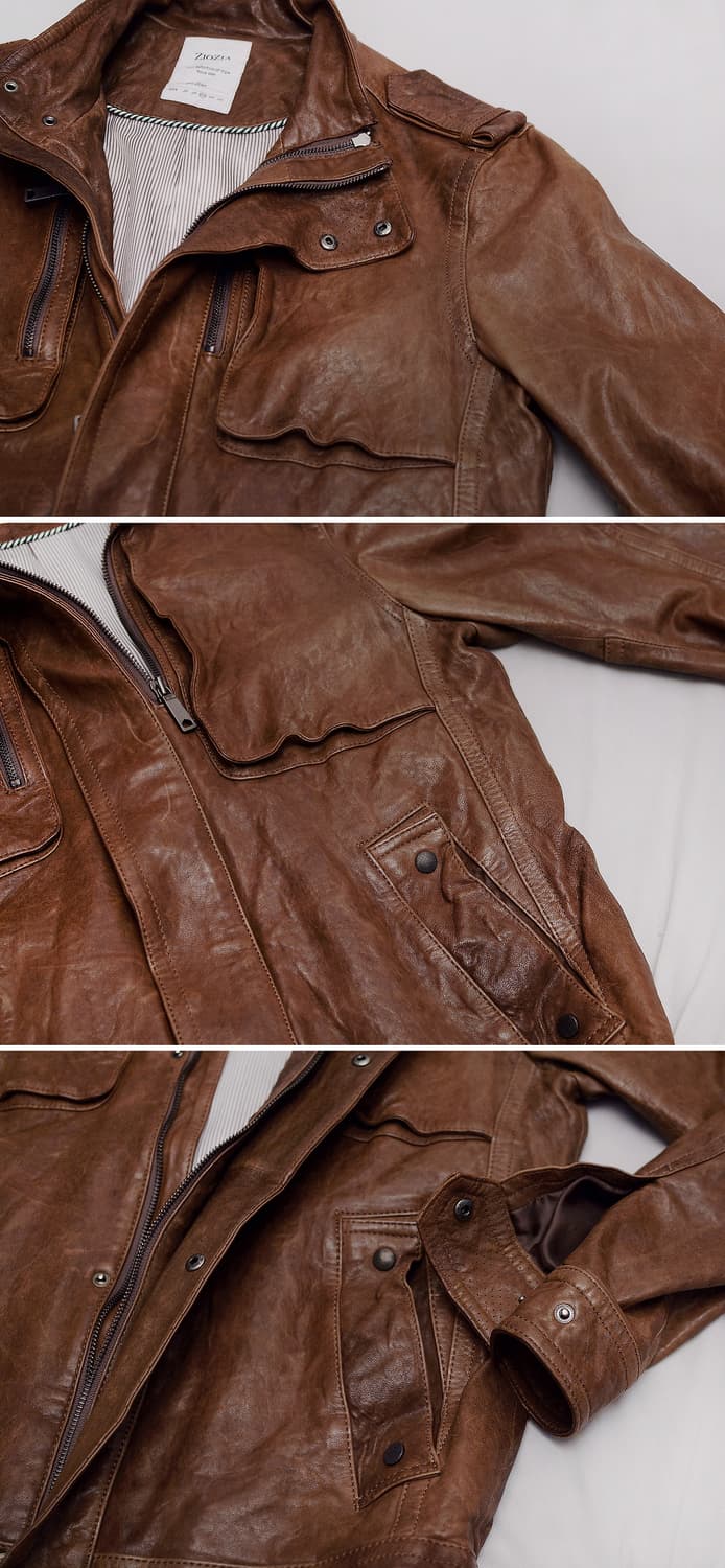 올드레더 워싱 브라운 쉽스킨 양가죽 라이더 자켓 (100) 상품이미지8