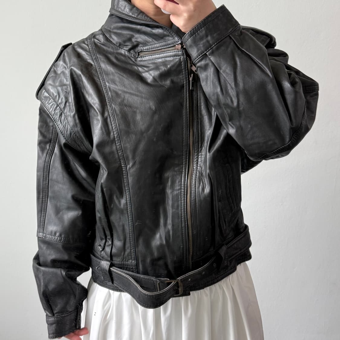 하이넥 블랙 카프스킨 레더 자켓 상품이미지1