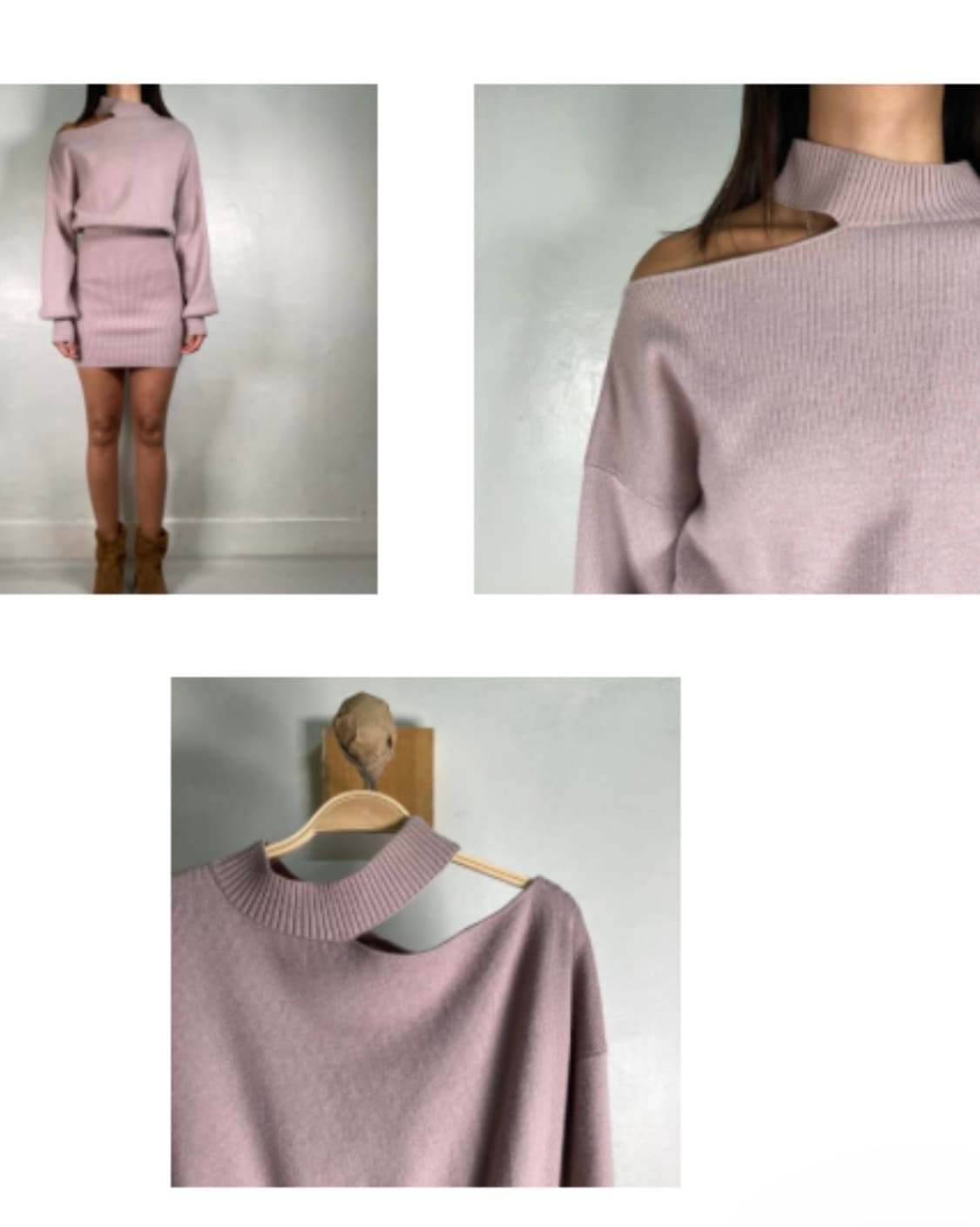넥라인 포인트 핑크 니트 미디 원피스 빈티지 갸루 상품이미지2