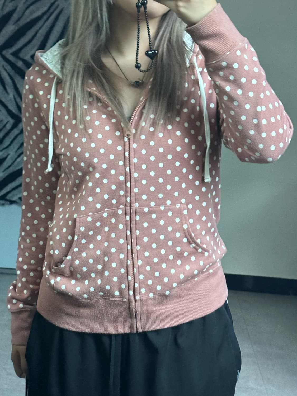 dot pattern lace hood zip-up 상품이미지2