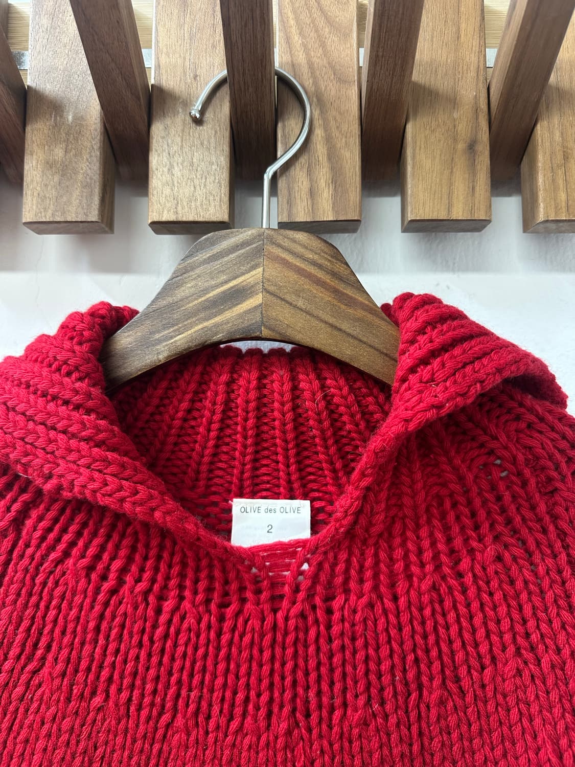 일본빈티지 OLIVE des OLIVE레드 울100% 니트 후드 풀오버 상품이미지4