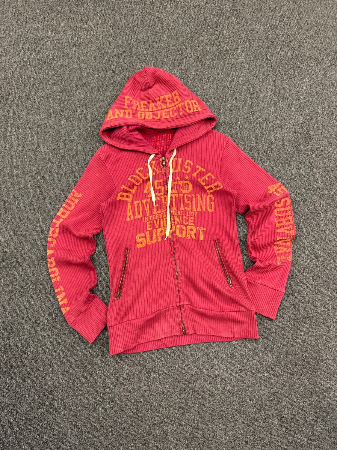 M)Real masters 빈티지 y2k 골지 프린팅 버건디 후드 집업 상품이미지1