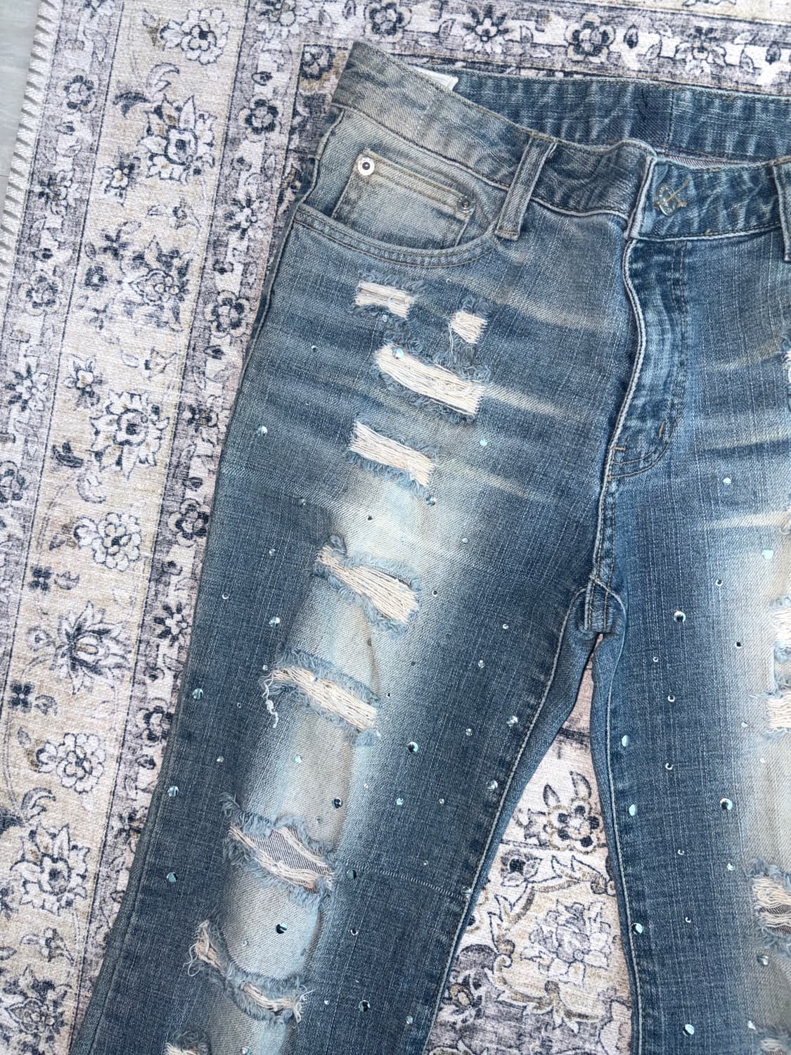 빈티지 디스트로이드 큐빅 스터드 플레어진 로우라이즈 팬츠 상품이미지5