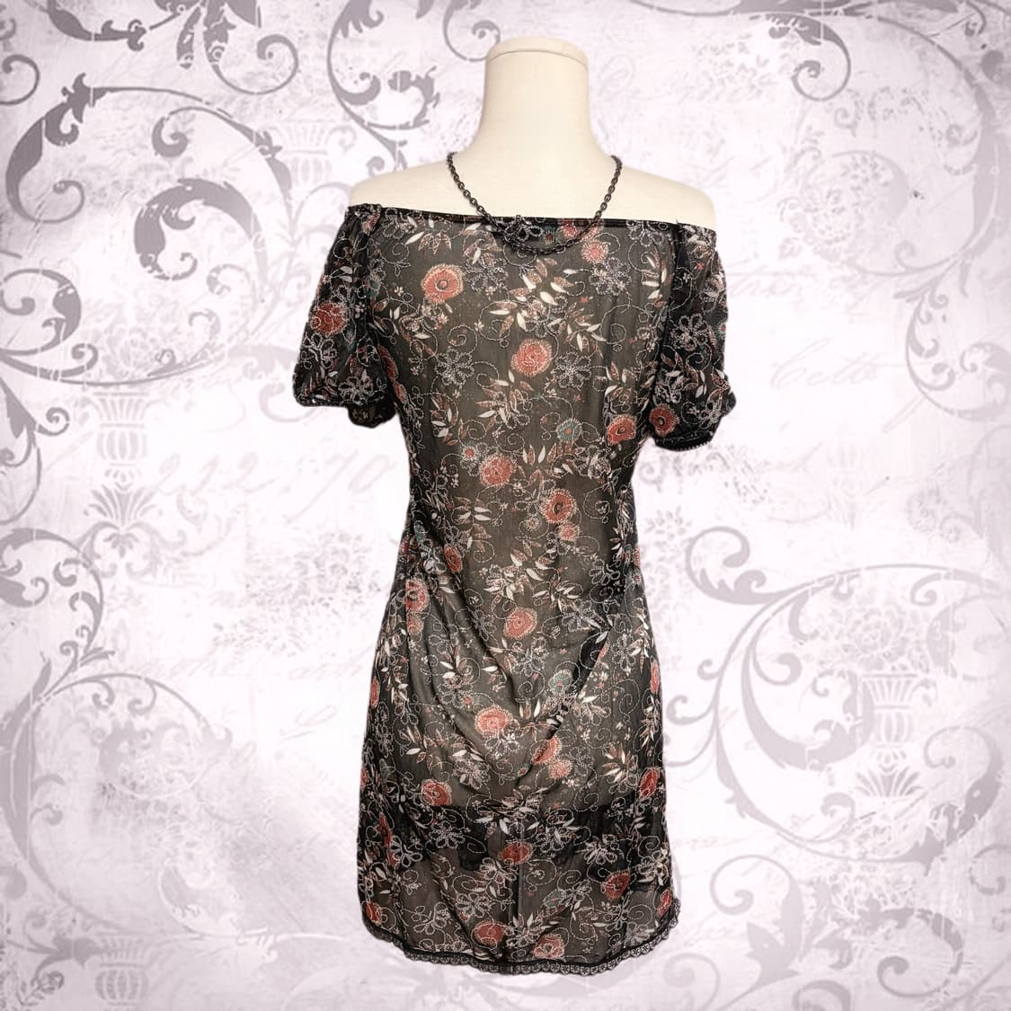 파우닝 빈티지 오리엔탈 블랙 은사 포인트 장미 오프숄더 시스루 원피스  상품이미지4