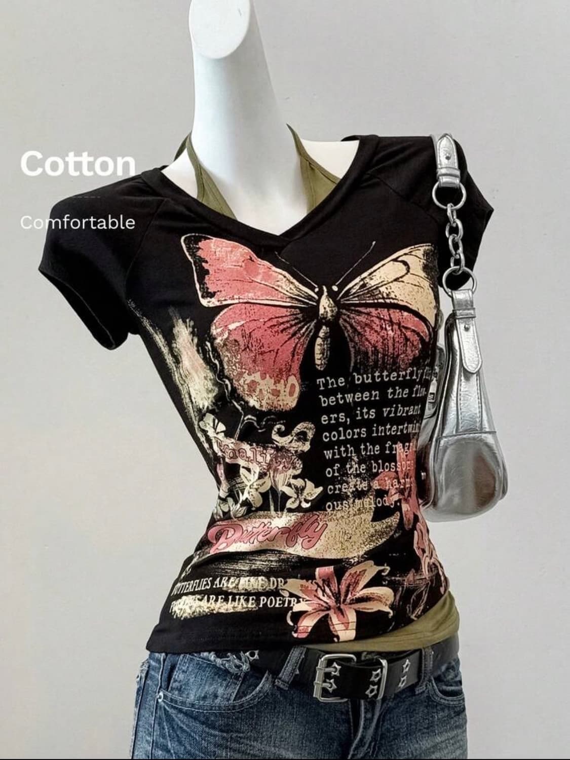 SHEIN EZwear 빈티지 나비 슬로건 프린트 홀터넥 반팔티셔츠 상품이미지1