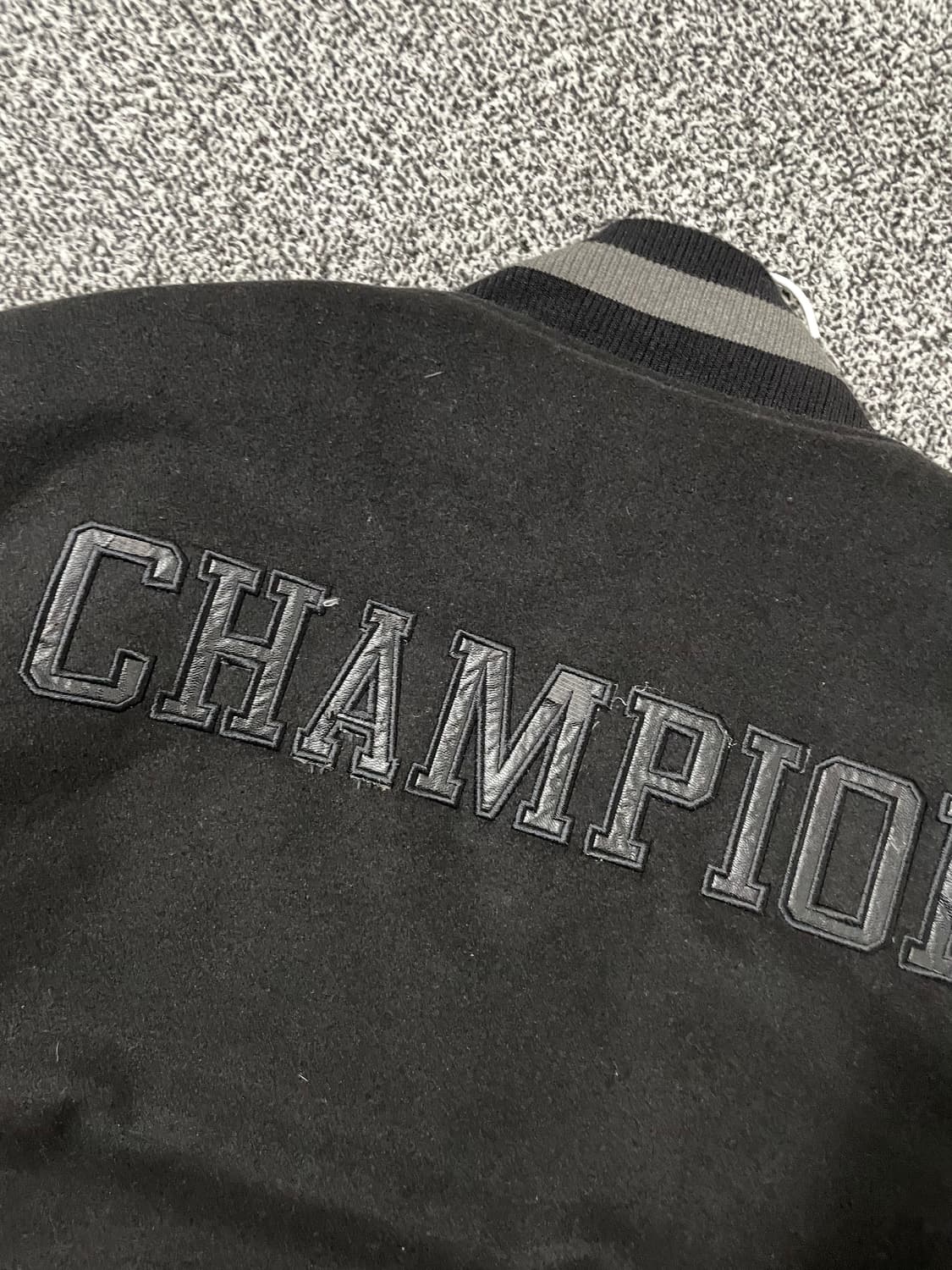 빈티지9. 챔피온 바시티 봄버 자켓 레더 가죽 라이더 빅로고 블랙 상품이미지6