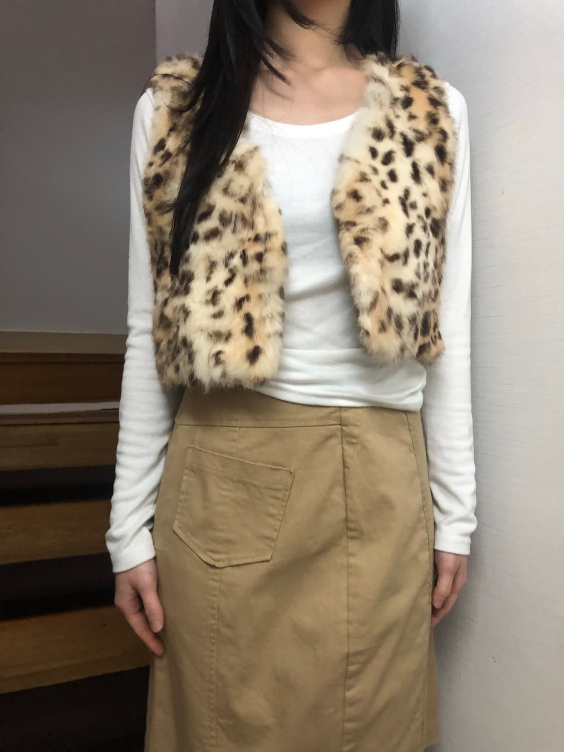 빈티지 베이지 레오파드 래빗 퍼 베스트 상품이미지1