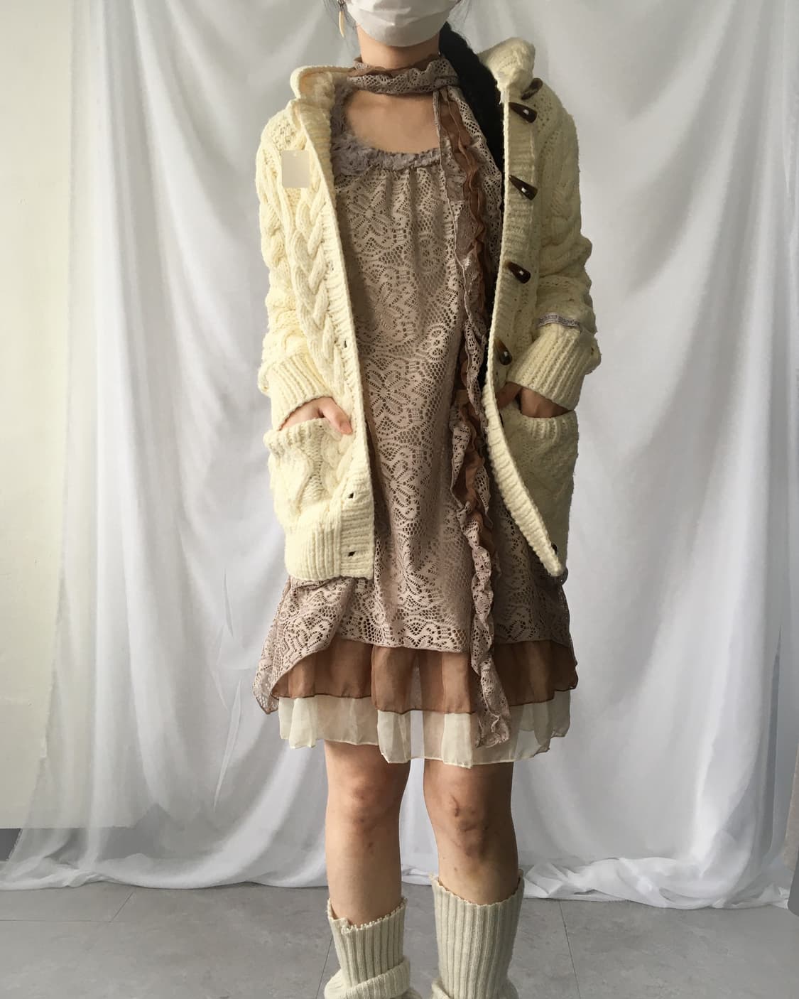 Duffle button cable pattern hood knit ca 상품이미지6