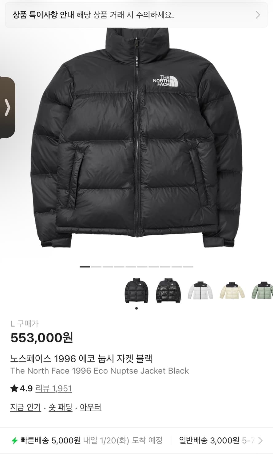 노스페이스 1996 에코 눕시 패딩 L 상품이미지1