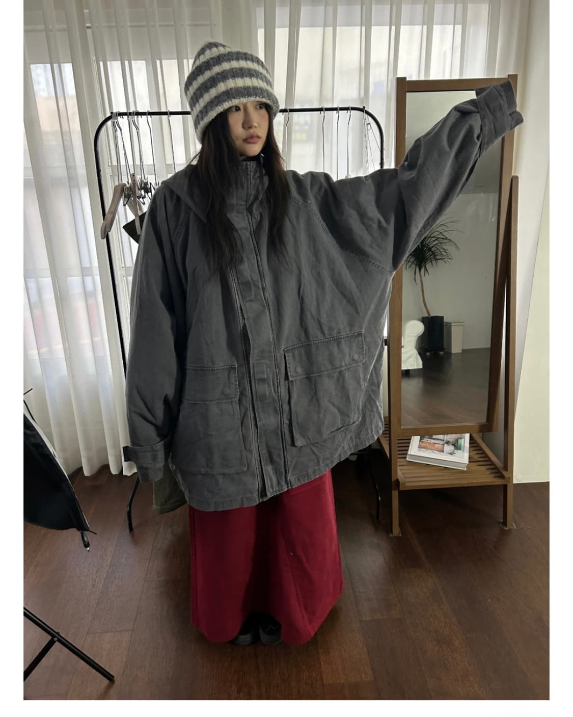 더기 시어링 오버핏 코튼 야상 가든페이지 후드 워싱 사파리 자켓 상품이미지1