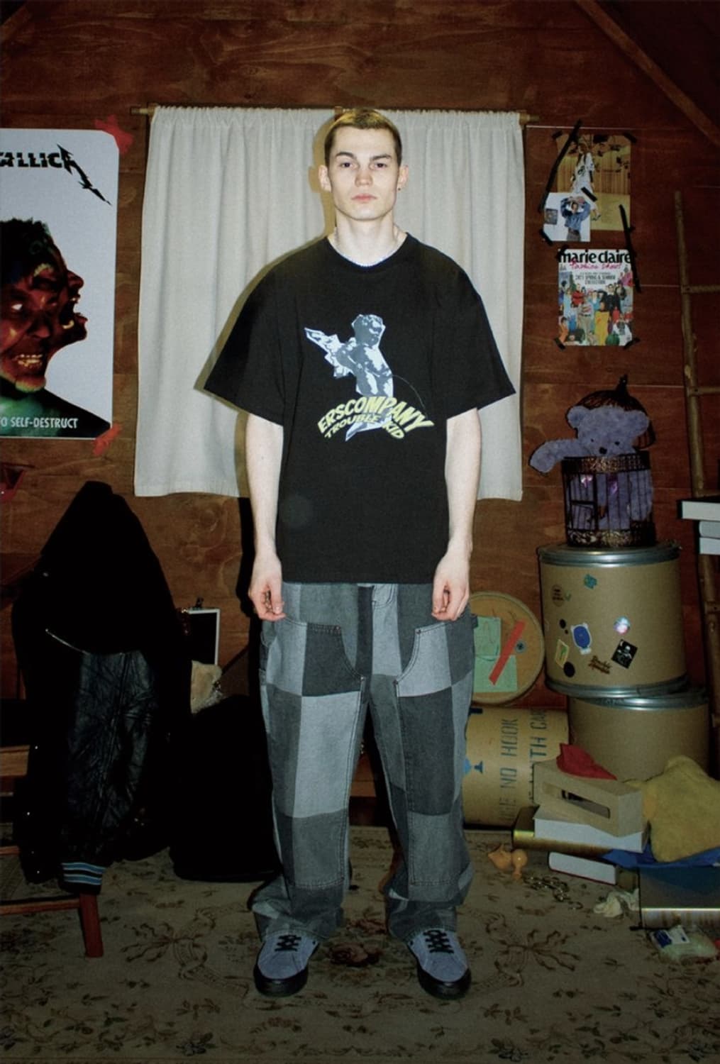 이알에스코 자카드 패치워크 더블니 팬츠 1 블랙 상품이미지1